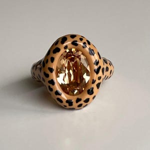 Bold chunky leopard print designer handcrafted clay  ring with imperial topaz color swarovski  crystal