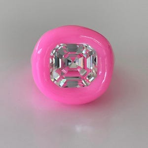 Bubble gum neon pink jelly glossy polymer ring limited edition with premium vintage Swarovski crystal