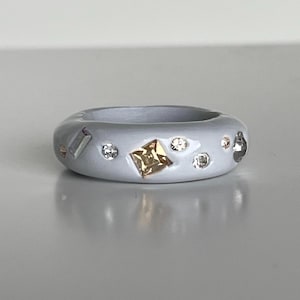 Light gray Crystal confetti stacking hand crafted polymer ring with multiple  Swarovski crystals