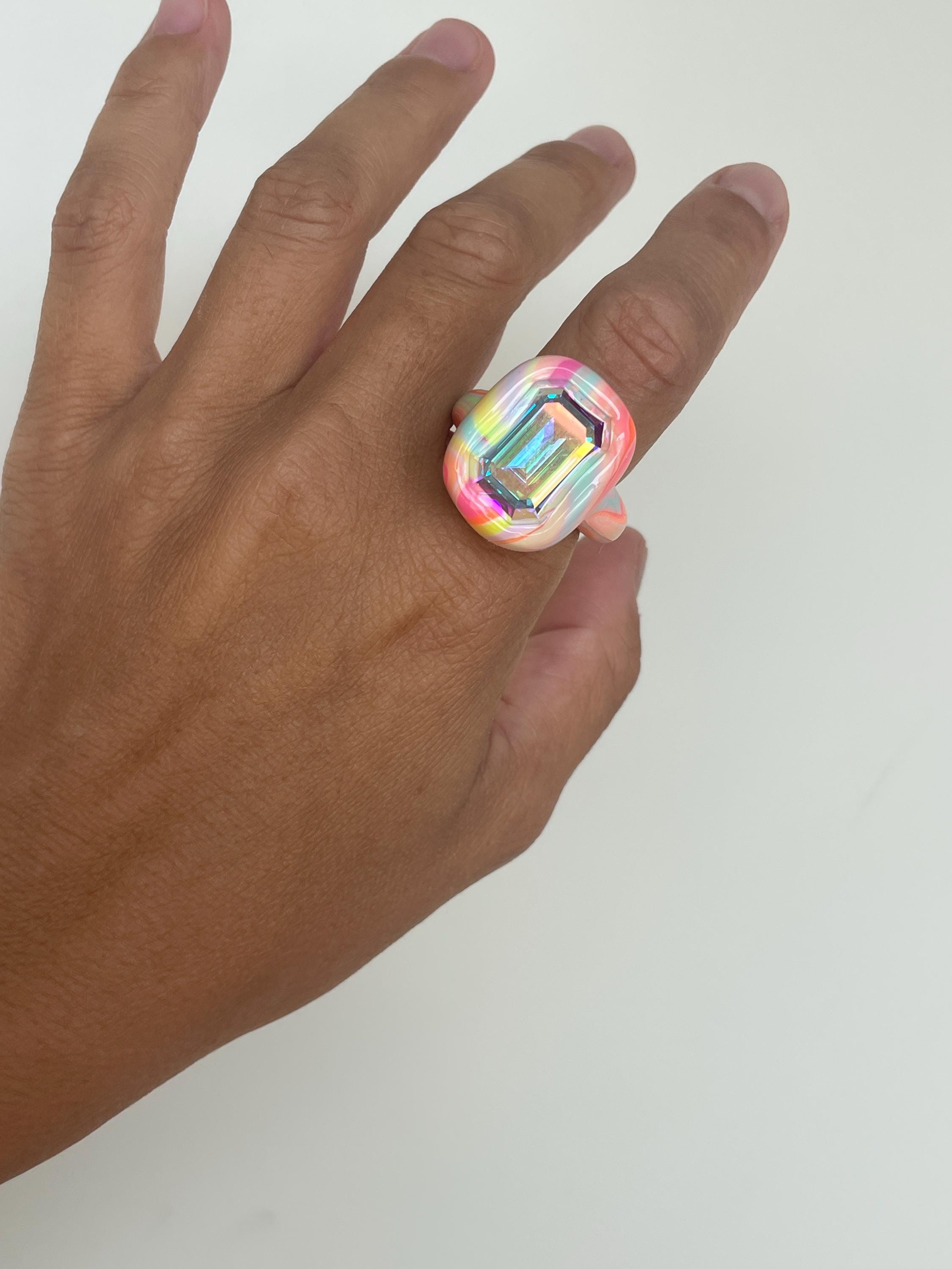 Vibrant Colorful Arty Multicolor Rainbow Polymer Ring With Big ...
