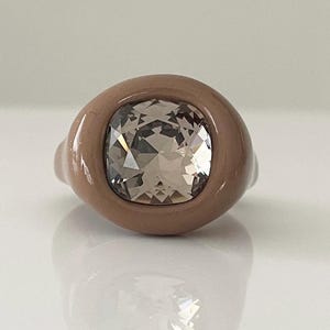 Brown chunky bold hand sculptured designer polymer clay glossy ring with smoky quartz crystal