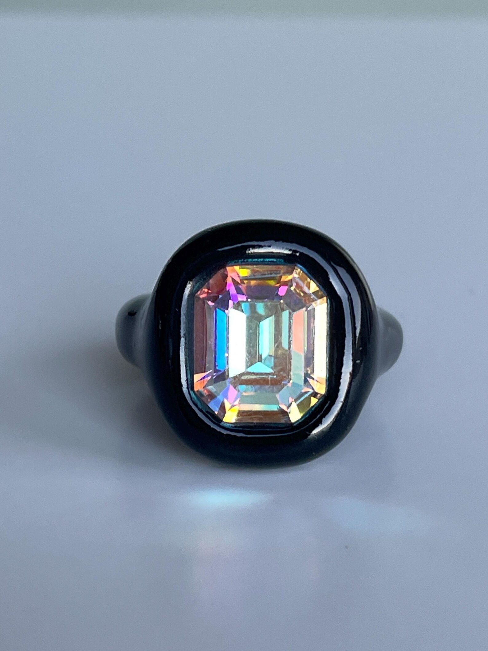 Handcrafted Black Polymer Clay Ring: Iridescent Crystal Statement - Etsy