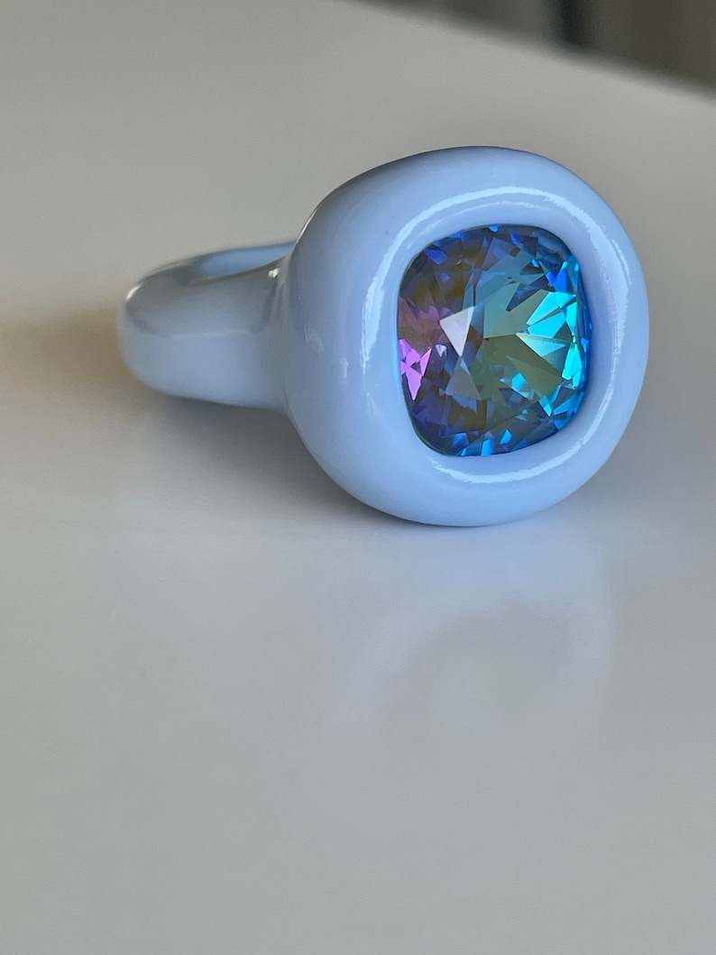 Grey Blue Rings Chunky Handcrafted Blue Gray Polymer Clay Ring With Opalescent ...
