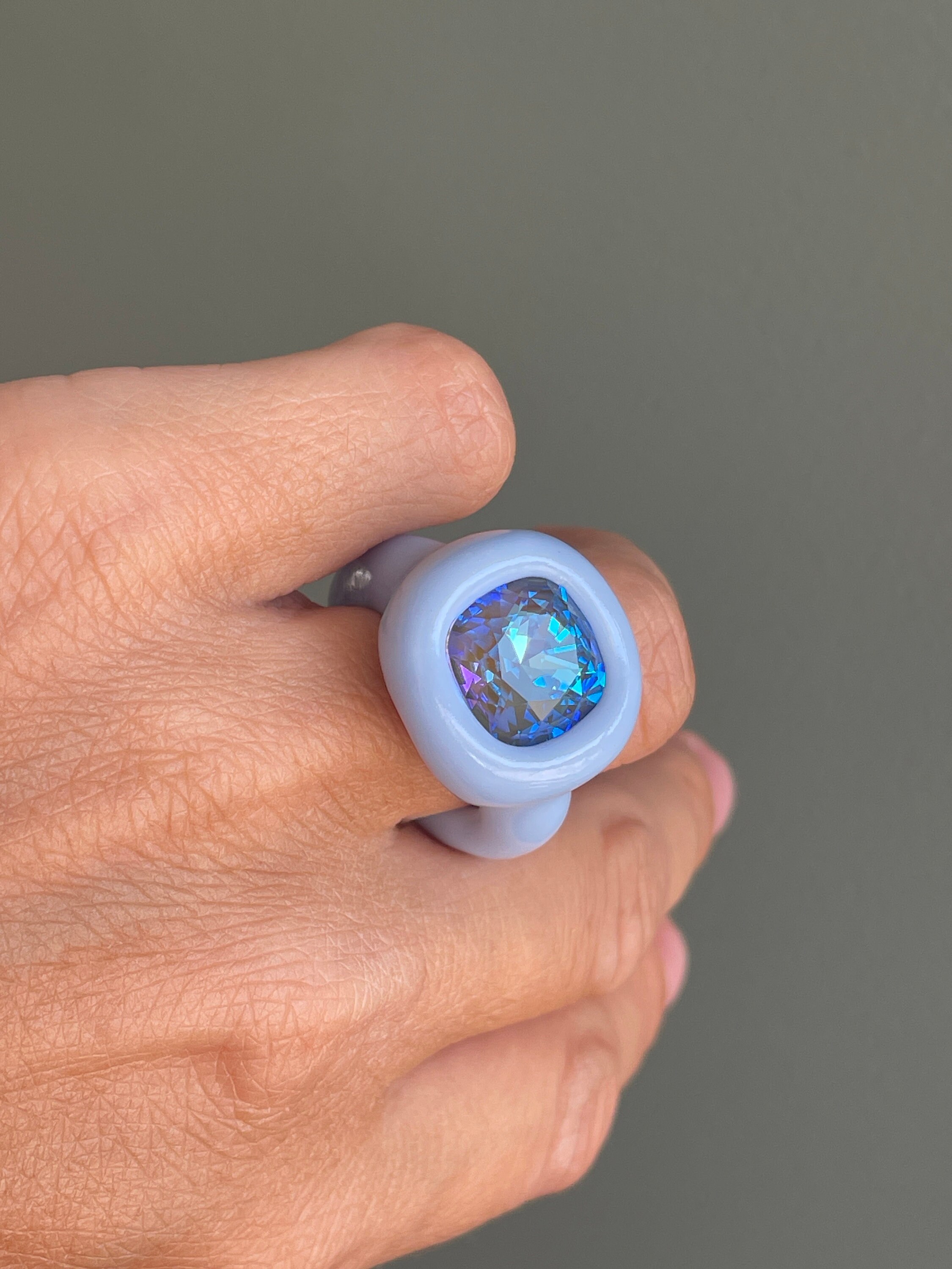 Clay Rings Grey Chunky Handcrafted Blue Gray Polymer Clay Ring With Opalescent ...