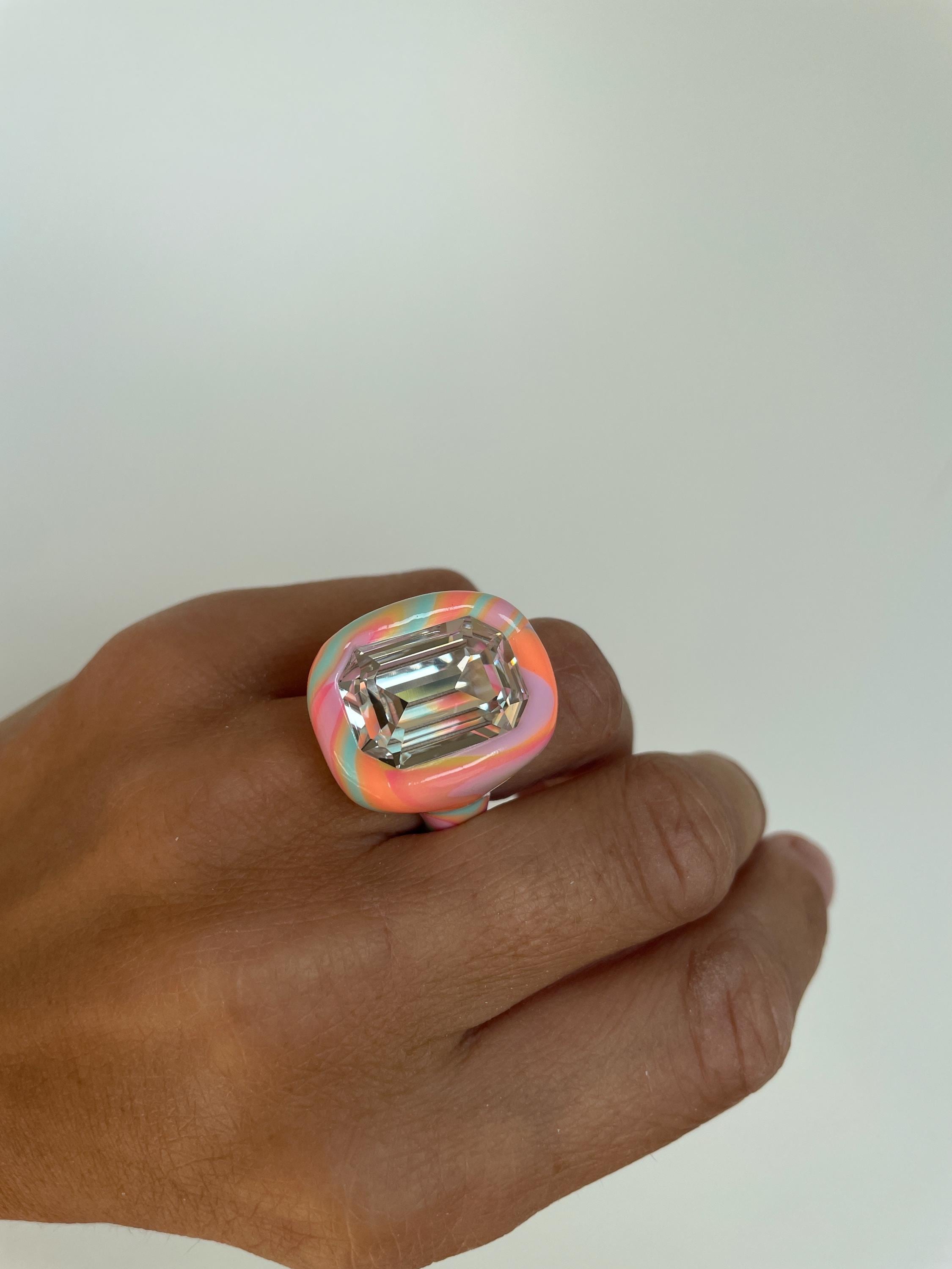 Vibrant Arty Multicolor Rainbow Polymer Ring With Big Octagon Swarovski ...