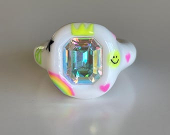 Rainbow Love Polymer Ring: Hand-Painted Street Art Design