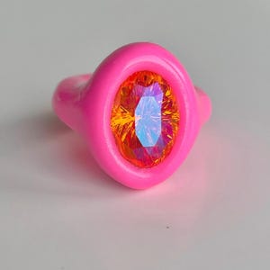 Handcrafted Artisan  Intense Neon Pink Fuchsia Polymer clay ring with premium Swarovski Crystal in Orange opalescent color