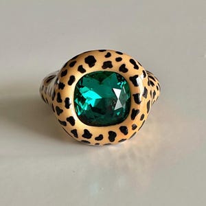 Bold chunky leopard print designer statement polymer  ring with Emerald swarovski crystal