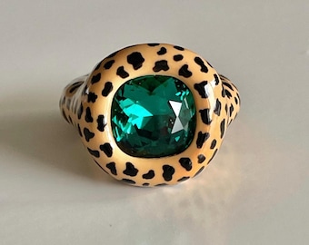 Bold chunky leopard print designer statement polymer  ring with Emerald swarovski crystal