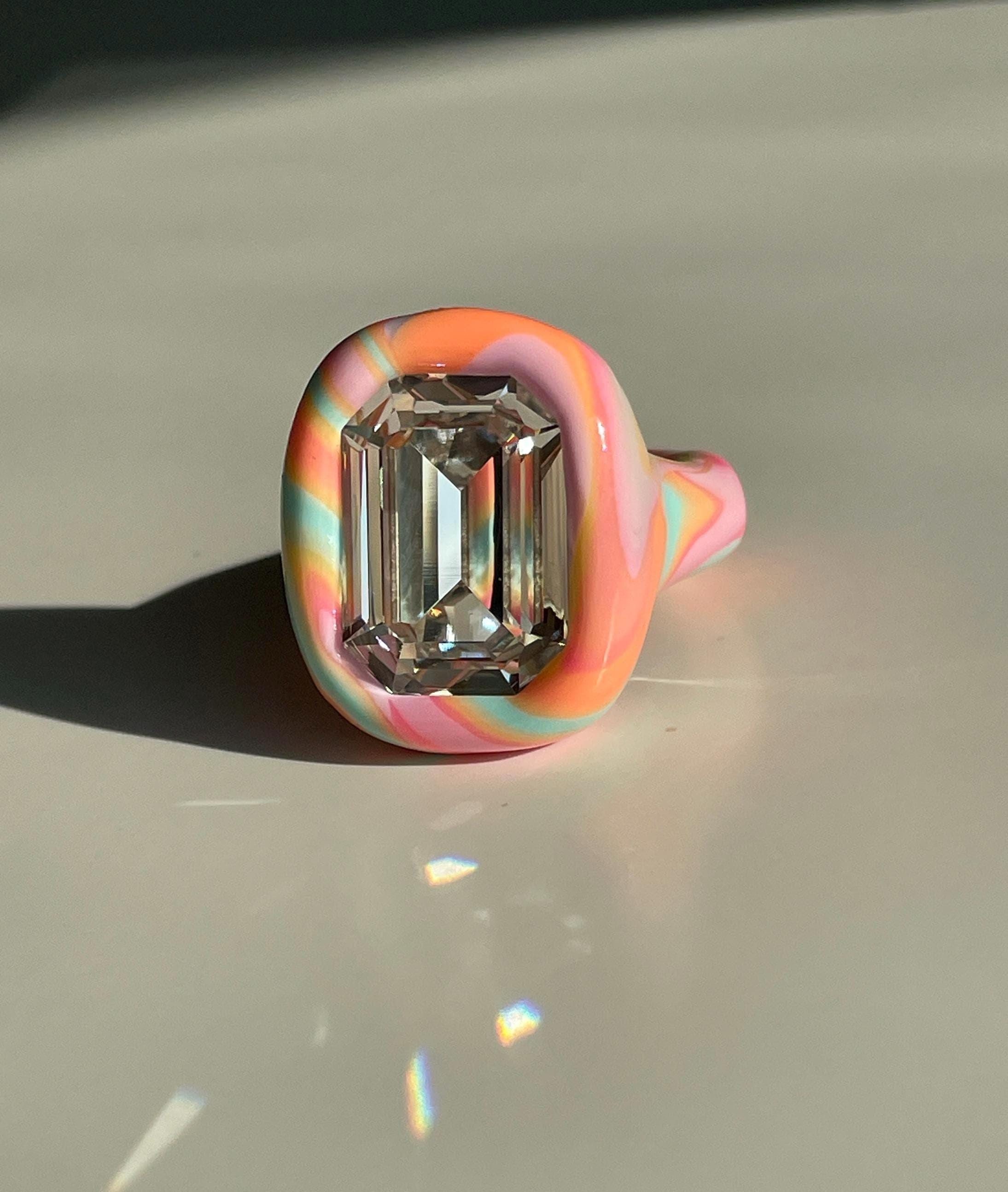 Vibrant Arty Multicolor Rainbow Polymer Ring With Big Octagon Swarovski ...