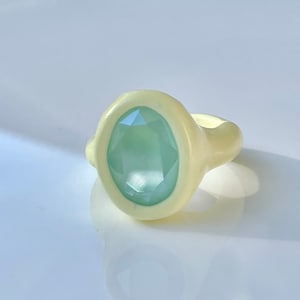 Pastel mint crystal handcrafted clay ring in pastel yellow