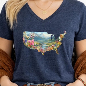 Amerika T-Shirt Frauen V-Ausschnitt T-Shirt Niedlich USA Grafik Baumwolle Natur Shirt Landschaft Design Atmungsaktives Top Casual Wear weich bequem ausgestattet