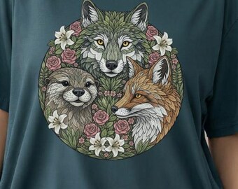 森の動物アート オオカミ キツネ カワウソ イラスト 森の野生動物 自然愛好家へのギフト コテージコア ウォールデザイン 植物 野花プリント