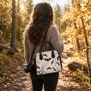 Alternative Fashion Bag Gothic Shoulder Handbag Bat Print Design Dark Aesthetic Crossbody Purse Organized Pockets Practical Everyday Carry Witchy Style Accessory Halloween Gift Spooky Tree Pattern Adjustable Strap Convertible Bag