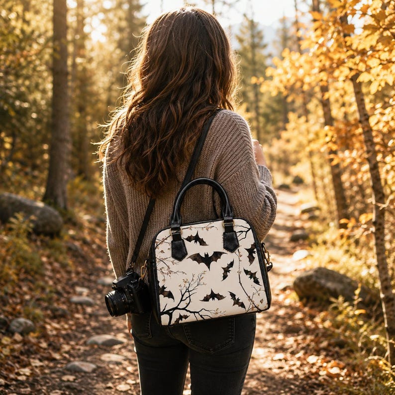 Alternative Fashion Bag Gothic Shoulder Handbag Bat Print Design Dark Aesthetic Crossbody Purse Organized Pockets Practical Everyday Carry Witchy Style Accessory Halloween Gift Spooky Tree Pattern Adjustable Strap Convertible Bag