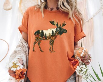 花柄ムースシャツ 森の動物 森のシルエット 自然をイメージした山のTシャツ イラスト 素朴なキャビンTシャツ ロッジ 誕生日プレゼント