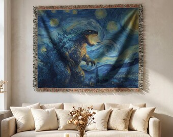 Gift for Him Mythical Beast Starry Night Throw Blanket Movie Theme Nerd Gift Idea Gamer Room Decoration Wall Hanging Tapestry Monster Woven