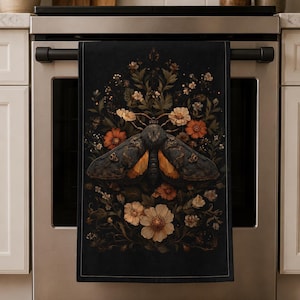 Vintage-Style Moth Tea Towels Kitchen Towel Dark Floral Botanical Moth Design Gothic Home Styling Moody Dish Cloth Heirloom Rust Gold