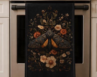 Vintage-Style Moth Tea Towels Kitchen Towel Dark Floral Botanical Moth Design Gothic Home Styling Moody Dish Cloth Heirloom Rust Gold