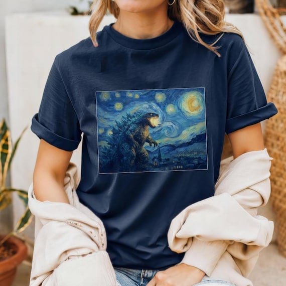 Mythical Beast Starry Night Monster Shirt Kaiju Design Artistic Graphic Tee Comfort Colors Vintage Style Movie Creature Art Parody Top