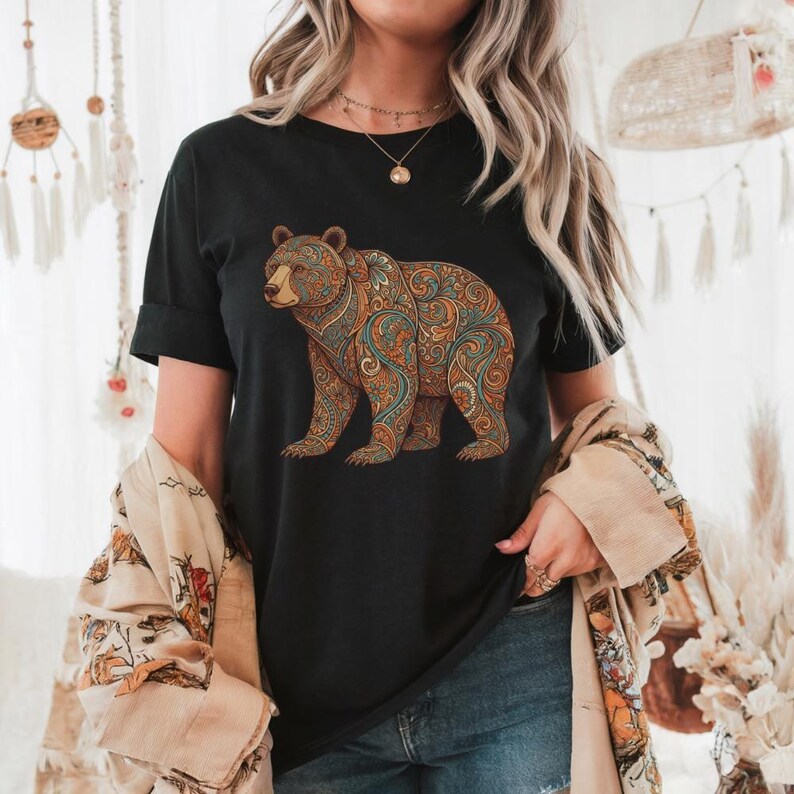 Outdoor Adventure Clothing Hiking Apparel Men Floral Bear Design Graphic Tee Paisley Wildlife Shirt Boho Nature Style Camping Trip Essential Comfort Colors Premium Shirt Artistic Bear Illustration Folk Art Pattern National Park Outfit