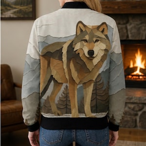May include: A bomber jacket featuring a detailed illustration of a wolf against a backdrop of mountains and trees. The jacket has a black collar, cuffs, and hem, with a neutral color palette of browns, grays, and tans.