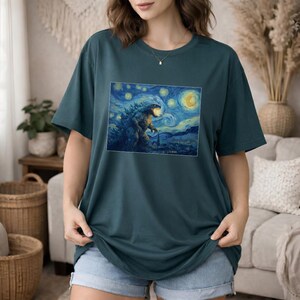 Mythical Beast Starry Night Monster Shirt Kaiju Design Artistic Graphic Tee Comfort Colors Vintage Style Movie Creature Art Parody Top image 6
