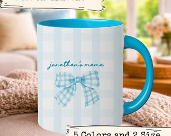 Gift for Mom Personalized Mug Custom Name Coffee Cup Cute Gingham Bow Ceramic Mothers Day Baby Shower New Mother Birthday Present Aesthetic
