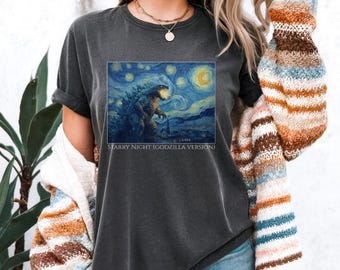 Regalo para él o ella Camiseta de Godzilla Arte vintage Noche estrellada Camiseta de monstruo Gráfico Kaiju Unisex Estilo streetwear Ropa estética Fan Cumpleaños