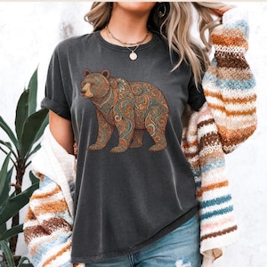 Floral Bear Shirt Graphic Tee Men Paisley Pattern Design Boho Wildlife Clothing Nature Inspired Artwork Artistic Bear Illustration Folk Art Style Outdoor Adventure Apparel Hiking Clothing Essential Camping Trip Outfit Comfort Colors Premium