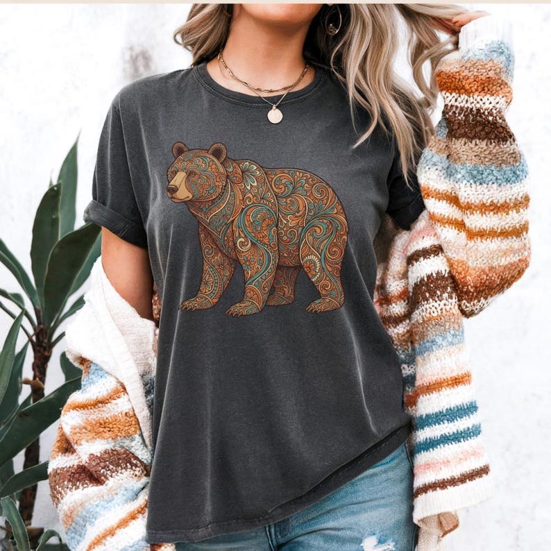 Floral Bear Shirt Graphic Tee Men Paisley Pattern Design Boho Wildlife Clothing Nature Inspired Artwork Artistic Bear Illustration Folk Art Style Outdoor Adventure Apparel Hiking Clothing Essential Camping Trip Outfit Comfort Colors Premium