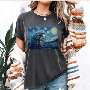 Godzilla Starry Night Shirt Artistic Design Kaiju Monster Graphic Tee Premium Comfort Colors Soft Washed Fabric Vintage Style Movie Creature Art Unisex Fit Durable Print Quality Casual Everyday Wear Fan Collection Essential Unique Gift Idea