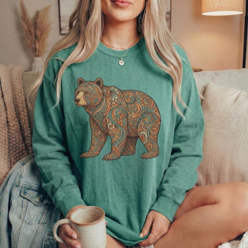 花柄クマシャツ ペイズリー柄クマTシャツ ボヘミアンネイチャーシャツ 野生動物グラフィックTシャツ アウトドア レディース アドベンチャーウェア ハイキングアパレル キャンプギフト 画像 10