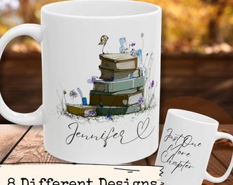 Personalized Book Mug Gift Idea Stacked Books Floral Mug Book Lover Reading Mug Ceramic Coffee Bibliophile Gift Custom Illustrated