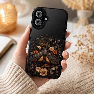 Magnetic Phone Protection MagSafe Compatible Case Moth Botanical Design Impact Resistant Dual Layer Shell Vintage Floral Pattern Dark Moody Background Nature Inspired Accessory Polycarbonate Construction TPU Cushioned Liner Scratch