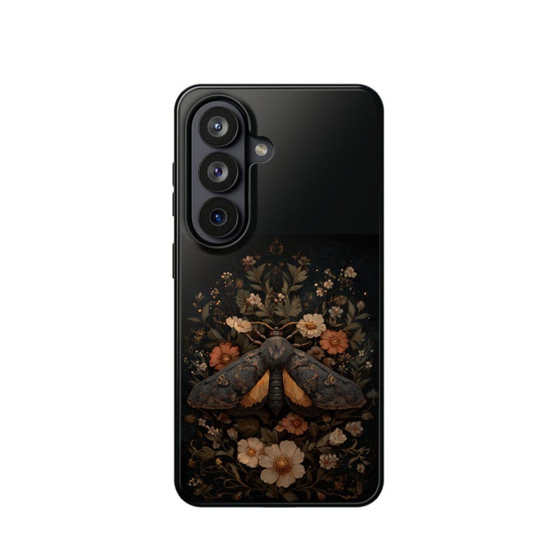 Unique Phone Case Gift Moth Botanical Design Nature Lover Present Vintage Floral Pattern Magnetic Protection MagSafe Compatible Impact Resistant Shell Dark Moody Aesthetic Dual Layer Construction Cottagecore Style Gothic Romance Protective