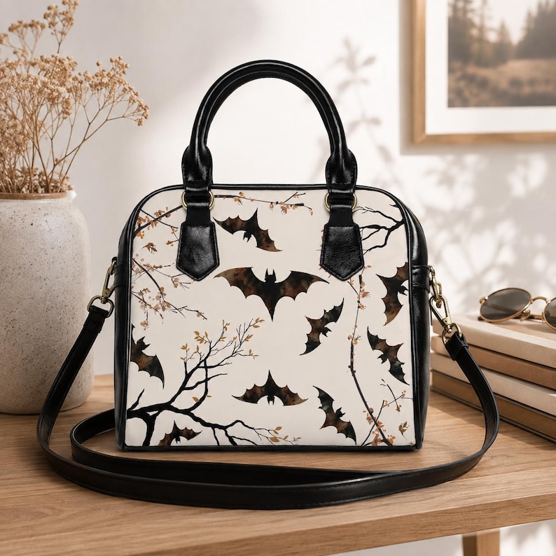 Halloween Accessory Bat Bag Witchy Style Gothic Handbag Dark Aesthetic Crossbody Purse Alternative Fashion Everyday Carry Spooky Tree Pattern Shoulder Bag Adjustable Strap Convertible Design Organized Pockets Practical Bag Moody