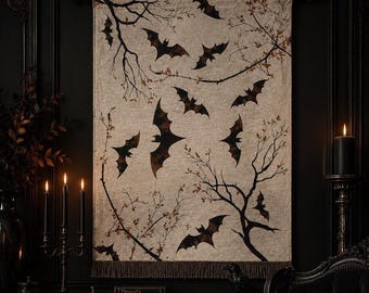 Bat Wall Art Gothic Decor Halloween Gift Spooky Decor Wall Tapestry Woven Nature Branch Silhouette Rustic Home Hanging Textile Beige