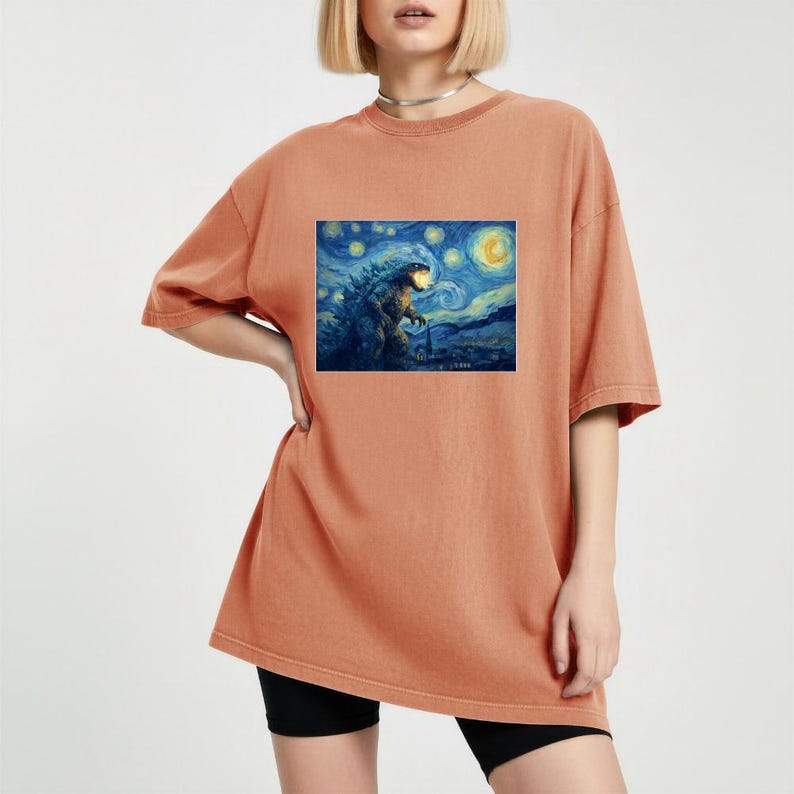 Mythical Beast Starry Night Monster Shirt Kaiju Design Artistic Graphic Tee Comfort Colors Vintage Style Movie Creature Art Parody Top Terracotta