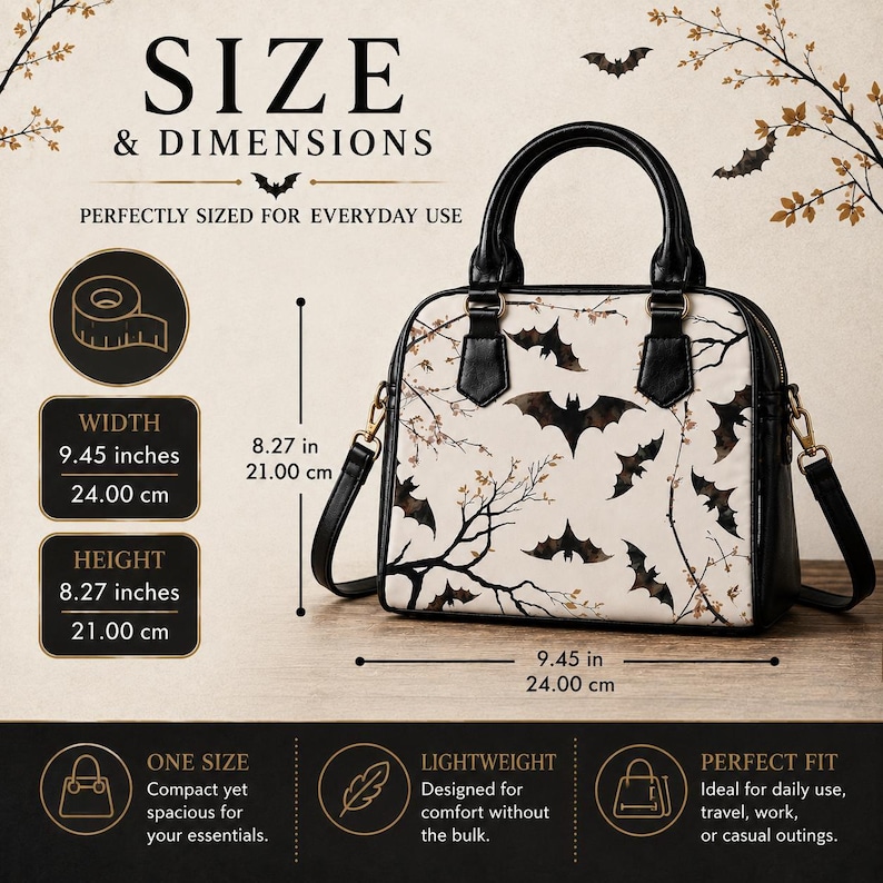 Gothic Purse Bat Print Shoulder Bag Crossbody Handbag Alternative Fashion Canvas Bag Dark Aesthetic Design Witchy Accessory Everyday Carry Halloween Gift Adjustable Strap Convertible Bag Spooky Tree Pattern Organized Pockets Practical Purse