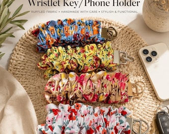 Fabric Wristlet Keychain Holder Gift Woman Birthday Present Mother Key Fob Lanyard Strap Wrist Accessory Phone Holder Handmade Cloth Floral