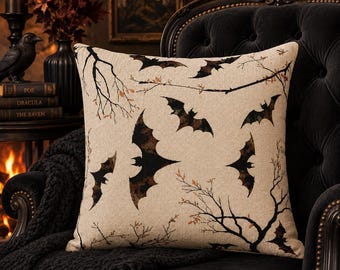 Bat Pillow Halloween Decor Woven Neutral Spooky Throw Cushion Gothic Home Living Room Accent Piece Nature Pattern Branch Design Minimalist