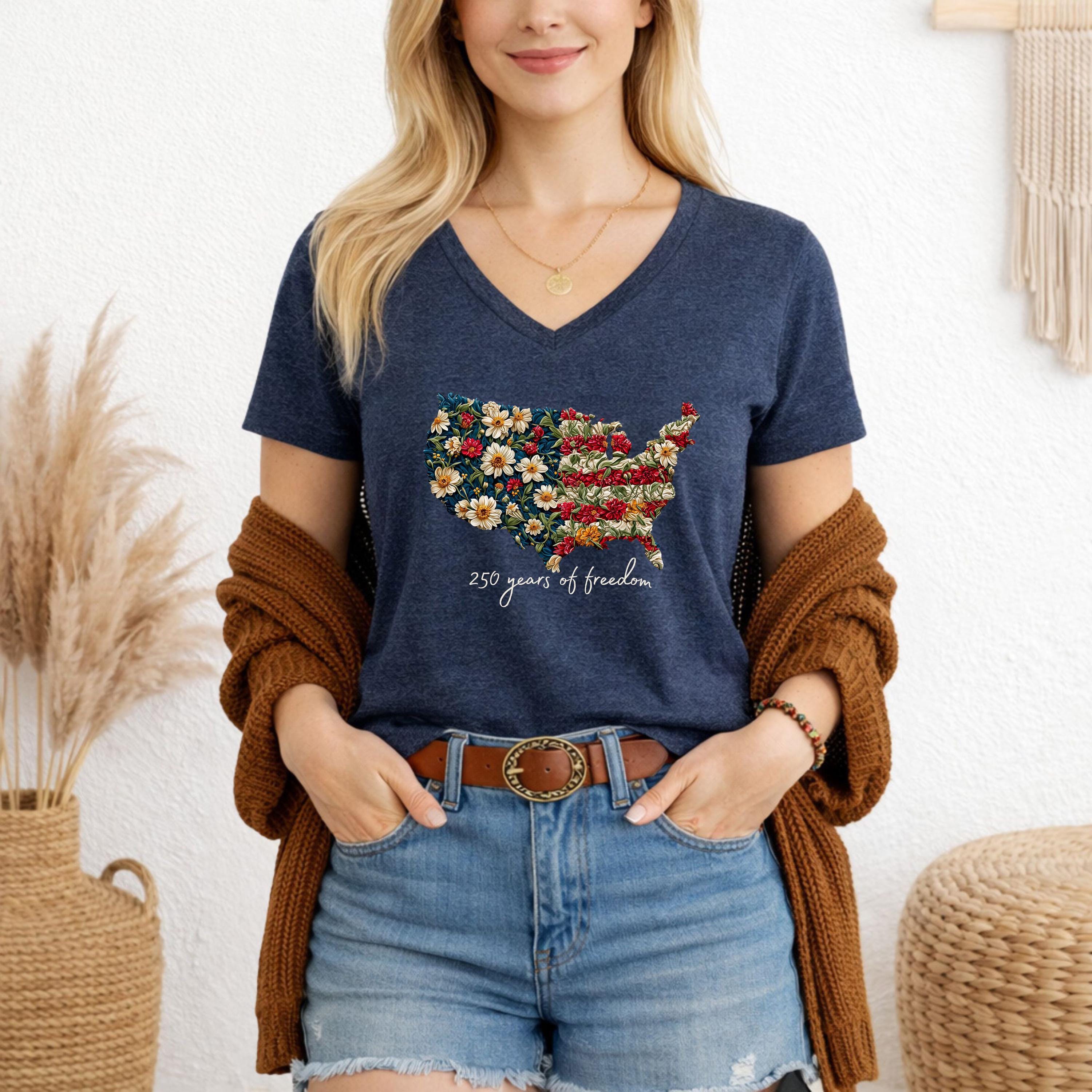 Flag T Shirt USA Women Floral V Neck Tee Cute 250 Years Graphic Cotton Nature Shirt Patriotic Design Vneck Top Gift Enthusiast Apparel Soft
