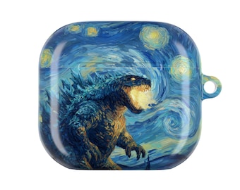 May include: A square protective case for wireless earbuds featuring a blue and yellow oil painting style print of a monster breathing fire against a swirling starry night sky background. The case includes a small circular loop on the right side.