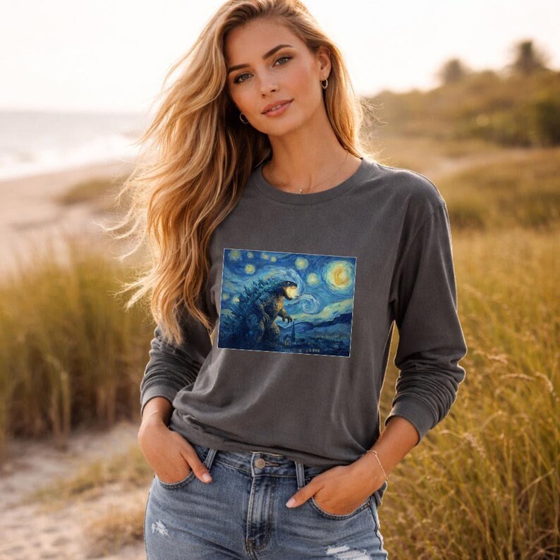 Mythical Beast Starry Night Monster Shirt Kaiju Design Artistic Graphic Tee Comfort Colors Vintage Style Movie Creature Art Parody Top image 9