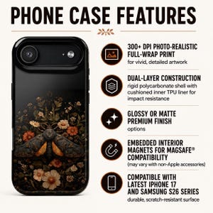 Moth Phone Case Magnetic Protection Impact Resistant Dark Floral Botanical Design Vintage Aesthetic Magsafe Compatible Protective Shell image 12