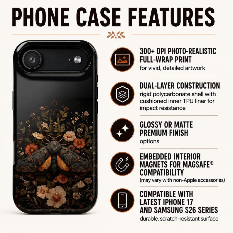 Moth Phone Case Magnetic Protection Impact Resistant Dark Floral Botanical Design Vintage Aesthetic Magsafe Compatible Protective Shell image 12