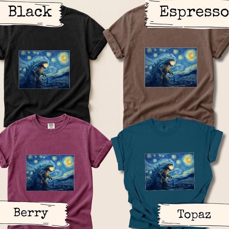 Mythical Beast Starry Night Monster Shirt Kaiju Design Artistic Graphic Tee Comfort Colors Vintage Style Movie Creature Art Parody Top Topaz