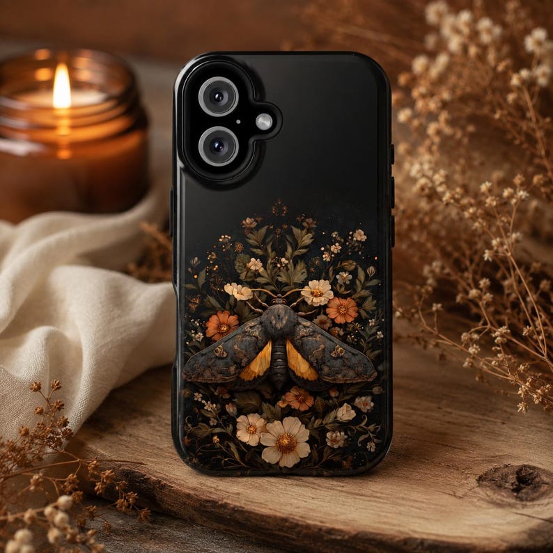 Moth Phone Case Vintage Botanical Design Dark Floral Pattern Nature Lover Gift Magnetic Protection MagSafe Compatible Impact Resistant Dual Layer Construction Polycarbonate TPU Liner Scratch Resistant Surface Moody Aesthetic Background