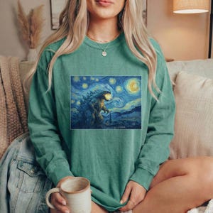 Mythical Beast Starry Night Monster Shirt Kaiju Design Artistic Graphic Tee Comfort Colors Vintage Style Movie Creature Art Parody Top Light Green